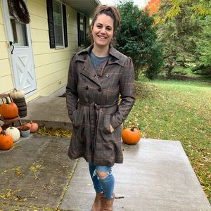 H&M Pink & Brown Plaid Trench Coat